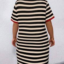Plus Size Casual Short Sleeve Striped Contrast Color Edging V-Neck Dress For Summer - Multicolor - Ver 3