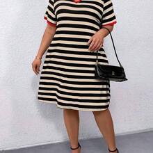 Plus Size Casual Short Sleeve Striped Contrast Color Edging V-Neck Dress For Summer - Multicolor - Ver 6