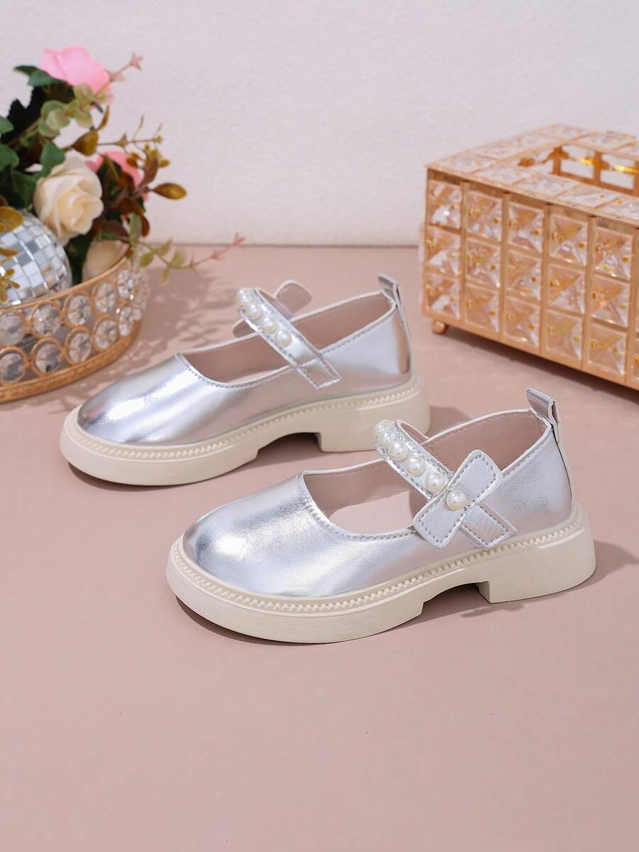 Girls' Flat Shoes New Fashion Minimalist Pearl Princess Shoes, Children Kids Shoes, Toddler Suitable For Spring & Autumn - Silver - View 1
