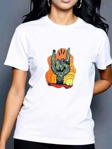 Camiseta de sol de dedo de cactus de dibujos animados para mujer Camiseta informal holgada para mujer con estampado de cactus al atardecer Camisetas de Mujer - Blanco - Ver 6