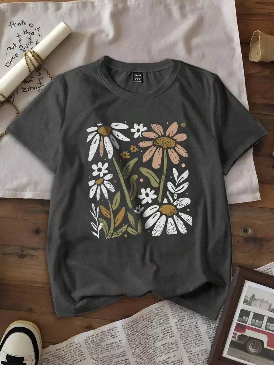 Camiseta gráfica de manga corta, de corte slim, con estampado floral casual para mujer - Gris Oscuro - Ver 1