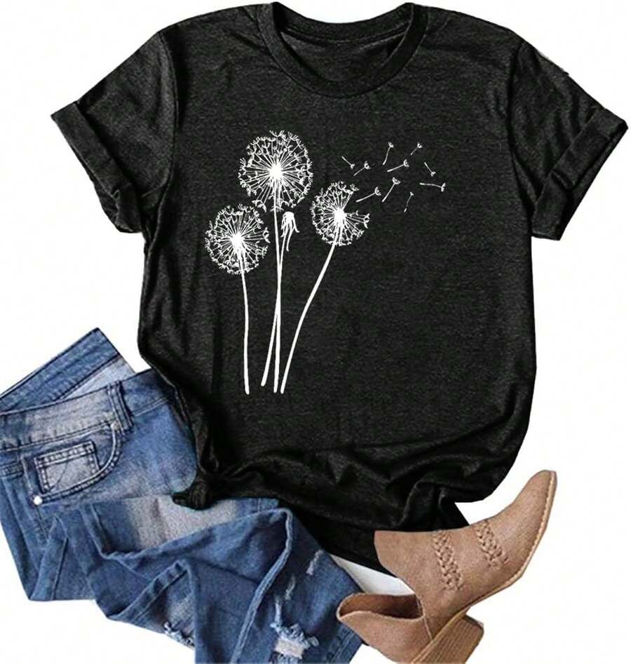 Camiseta unisex de manga corta, camiseta de mujer con estampado de diente de león, camiseta de verano con diseño vintage, playeras hombre, spiderman, ,  mujer, romwe men, boho chic, regalos para maestros, camiseta para mujer, conjuntos curvy para mujer, y2k. - Negro - Ver 1