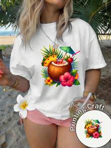 Camiseta de manga corta con cuello redondo para mujer, 100% lavable a máquina, fácil de cuidar, diseño casual con estampado de cóctel de coco de estilo tropical, colores brillantes llenos de energía veraniega, nueva colección de verano 2026 para viajes y uso diario - Camiseta unisex de algodón suelto de manga corta y cuello redondo estilo vintage urbano. - Negro - Ver 9
