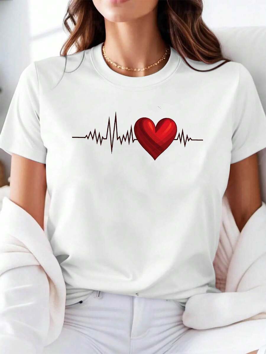 Camiseta casual de cuello redondo de manga corta de la mujer con impresión de latido del corazón para el uso diario y las salidas
