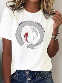 Camiseta de Mujer Zen Enso Koi Peces Caligrafía Japonesa - 100% uste Cómodo Cuello Redondo, Diseño Salpicadura Tinta Azul y Negra, ¡Usa Casu Semi-Formal! Lavable a máquinara Todas las Estaciones - Blanco - Ver 2