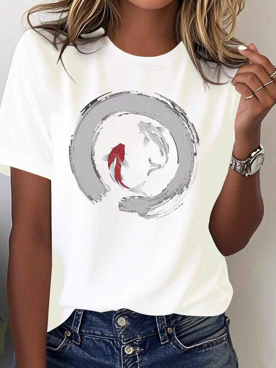 Camiseta de Mujer Zen Enso Koi Peces Caligrafía Japonesa - 100% uste Cómodo Cuello Redondo, Diseño Salpicadura Tinta Azul y Negra, ¡Usa Casu Semi-Formal! Lavable a máquinara Todas las Estaciones