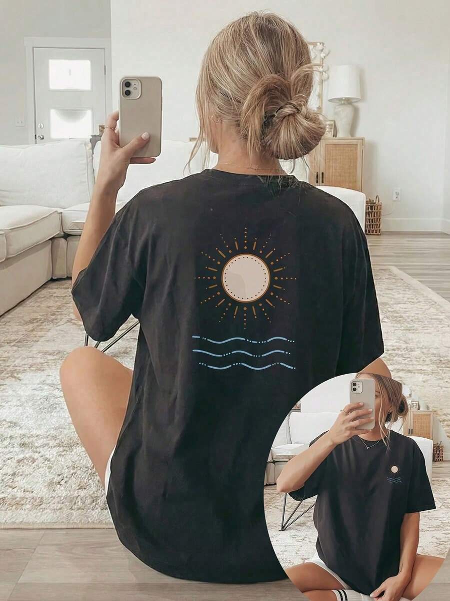 [Double-Sided Print] Women's Spring/Summer Loose Casual Clothing, Short-Sleeve Crew Neck T-Shirt, Sun And Wave Print - Vintage Urban Style, Unisex Cotton Loose Short-Sleeve Crew Neck T-Shirt - 黑色 - 查看 1