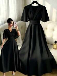 Nuevo diseño de vestido casual, elegante y de vacaciones para mujer con cuello, cintura plisada, parche de gasa y mangas con volantes - Negro - Ver 3