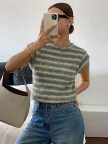 Camiseta casual de cuello redondo de manga corta de unicolor con textura de gofre, cómoda para el verano - Verde - Ver 5