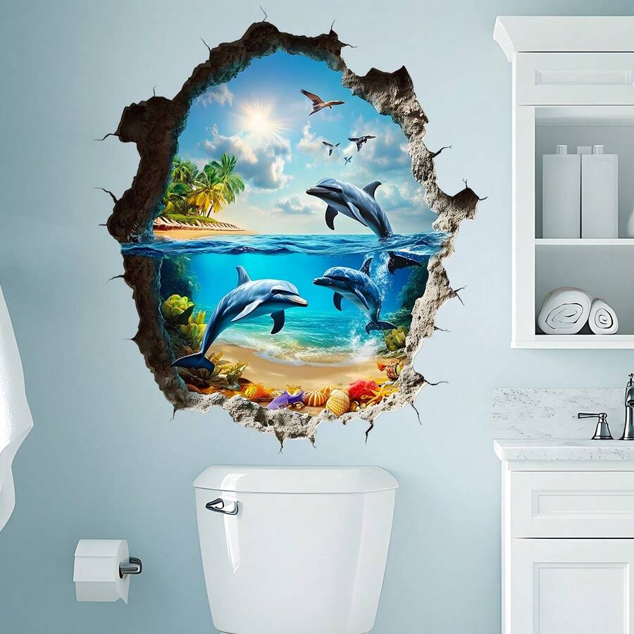 1pc 2D Stereoscopic Dolphin Wall Sticker, Tropical Ocean Scene, Creates Immersive Visual Effect - Multicolor - View 1