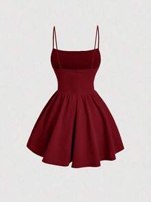 Elegante vestido de tirantes con fruncido en la cintura de color liso - Burdeos 2 - Ver 2