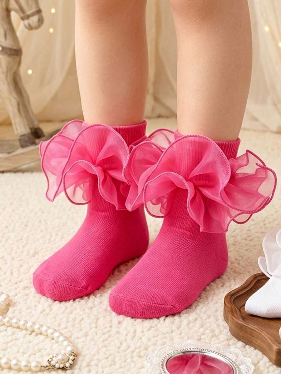 1 Pair Girls' Socks With Ruffle Floral Trim, Princess Baby Socks - Hot Pink - View 1