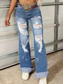 Women's Jeans, Low-Rise Jeans, Minimalist Style Women's Clothing, Retro Casual And Elegant Jeans, Wide-Leg Ripped Straight-Leg Loose Jeans, Women's Clothing For Tall Women, Exquisite Details, Fashionable And Sexy, Suitable For Outdoor Wear,Valentine's Day, New Year, Street Style, Birthdays, Outings, Christmas, Clubs, Vacations, Concerts, Festivals And Parties And Other Occasions. - Màu xanh nhạt - Xem 4