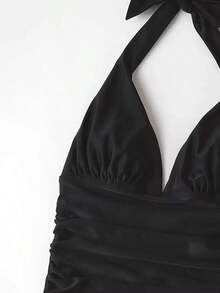 Swim Basics Conjunto de tankini de color liso y sencillo con cuello halter para vacaciones de verano en la playa - Negro - Ver 4