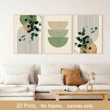 3pcs Unframed Boho Green Plant Eucalyptus Leaf Geometry Graphic Art Poster - Retro Canvas Print For Modern Wall Decor In Living Room And Home,2D Flat - A - View 2