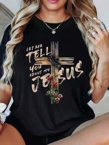 1 pieza de camiseta inspiradora para mujer con gráfico de cruz - Estampado "Let Me Tell You About Jesus", camiseta casual negra de cuello redondo con diseño floral, ajuste cómodo para todas las estaciones, 180g 100% algodón. - Negro - Ver 8