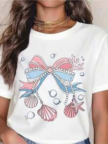 1 pieza de camiseta estilo sirena para mujer - Estampado de conchas, perlas, estrellas de mar, lazo y escamas de cola de sirena en tonos claros y turquesa, estilo playero, top casual de verano con cuello redondo, adecuada para piscina, vacaciones, fiesta temática, top con estampado oceánico, camiseta para maestra, camiseta de mujer, top de verano para mujer, camiseta de mujer para Navidad, top de verano para mujer, camiseta de mujer, top de mujer, camiseta para mujer, ropa única para mujer, top de mujer, camiseta de mujer, camiseta de mujer, ropa de mujer, tops y camisas de mujer, 180g 100% algodón. - Blanco - Ver 9