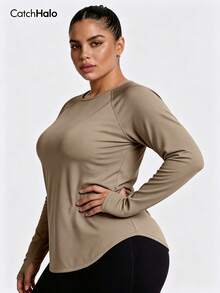 Plus Size Women Long Sleeve Sports Top With Thumb Hole, Loose Breathable Moisture-Wicking Athletic T-Shirt - Khaki - View 7