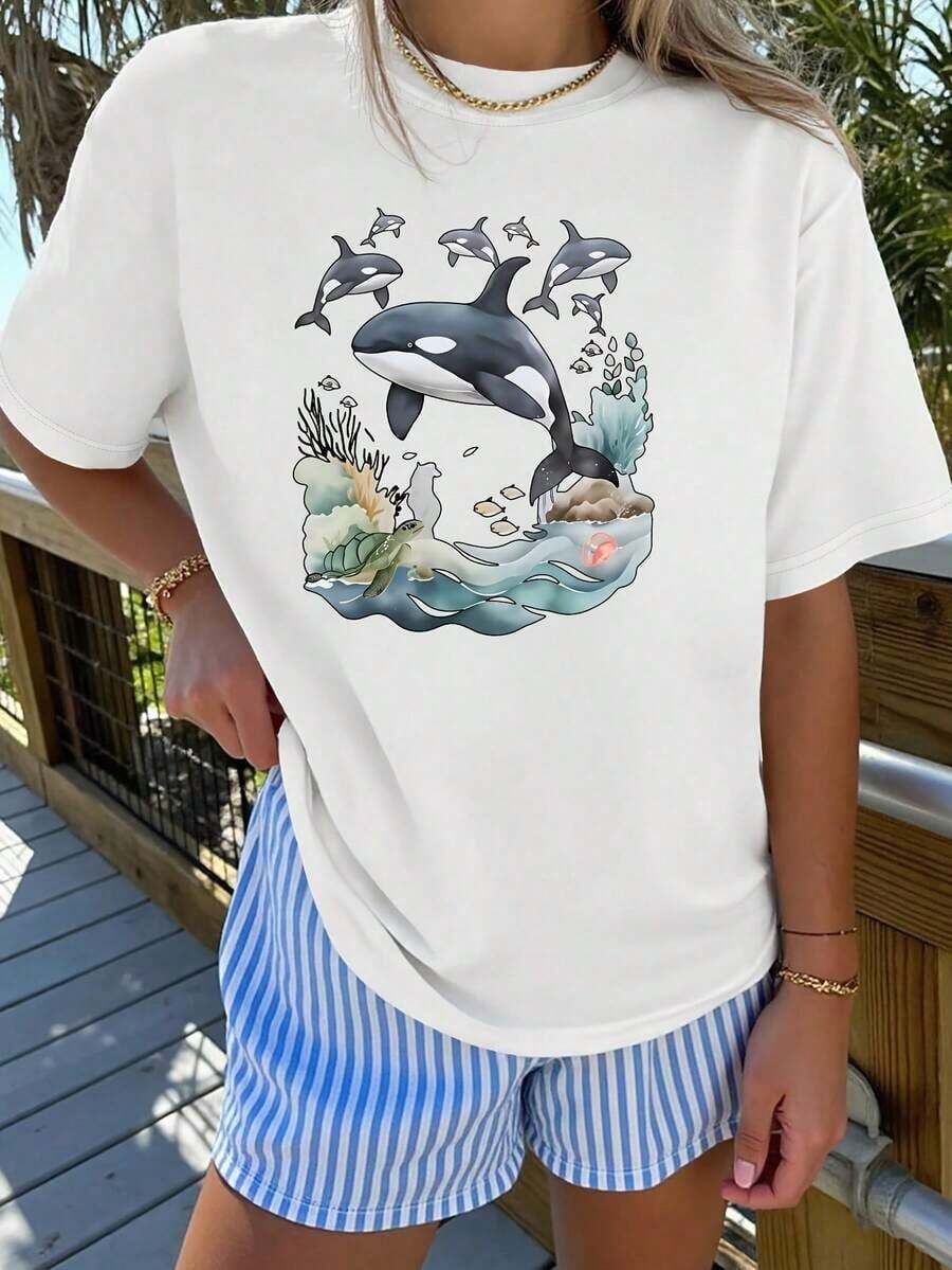 1 pieza de camiseta elegante de manga corta para mujer con estampado de escena oceánica con orcas, cuello redondo. Adecuado para primavera, verano, otoño e invierno. Elegante, cómodo, suave, transpirable. Nuevo Estilo para Viajes, Vacaciones, Uso Diario, Versátil, Casual, Elegante, Camiseta de Manga Corta con Estampado de Letras para Mujer, Estética Y2K, 180g, 100% Algodón - Blanco - Ver 1