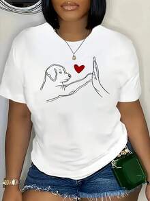 Camiseta con Estampado de Perro Adorable, Manga Corta, Cuello Redondo, Estilo Casual para Verano y Primavera, Ropa de Mujer - Camiseta Unisex de Algodón, Manga Corta, Cuello Redondo, Estilo Vintage Urbano - Blanco - Ver 1