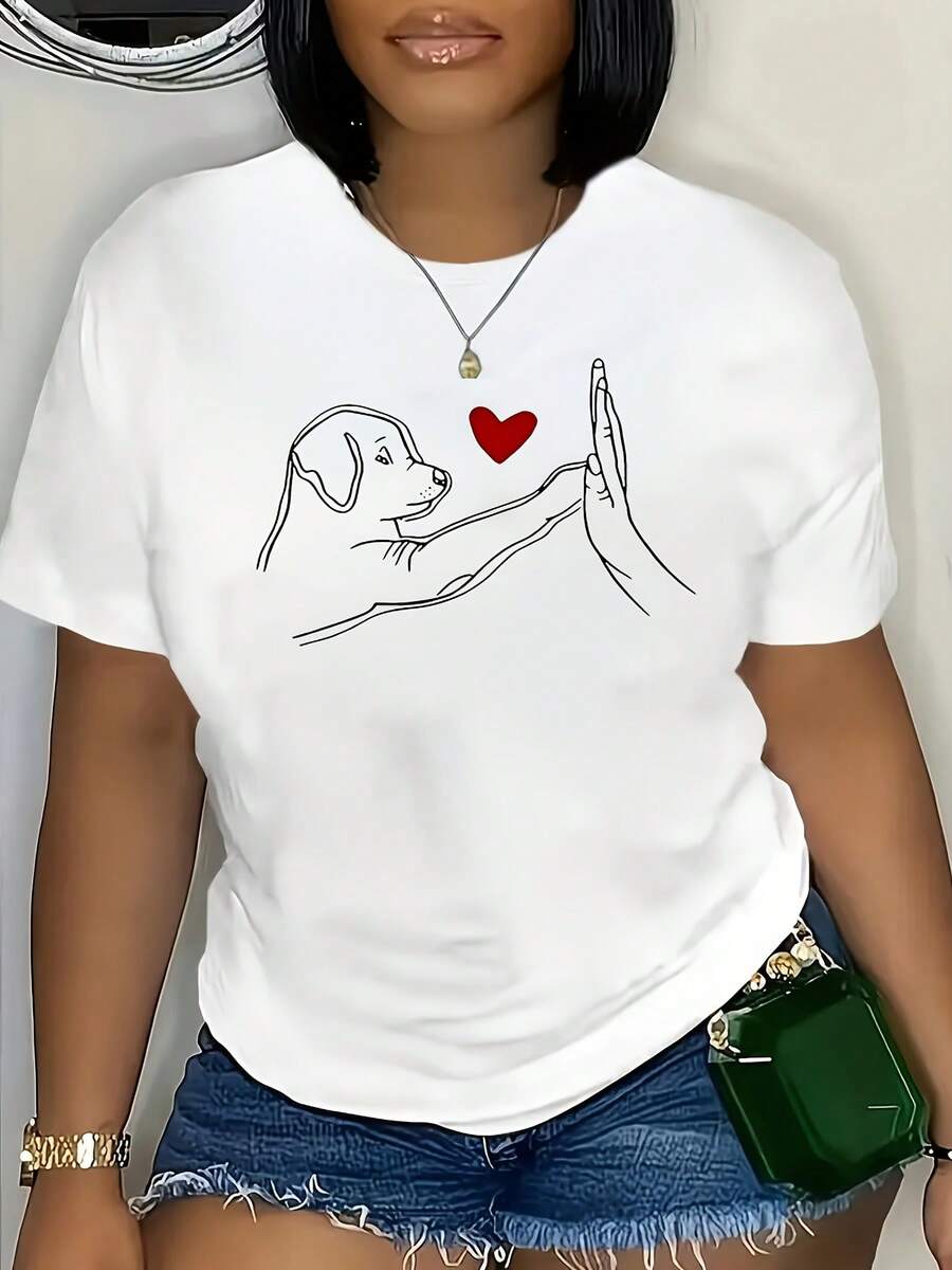 Camiseta con Estampado de Perro Adorable, Manga Corta, Cuello Redondo, Estilo Casual para Verano y Primavera, Ropa de Mujer - Camiseta Unisex de Algodón, Manga Corta, Cuello Redondo, Estilo Vintage Urbano - Blanco - Ver 1
