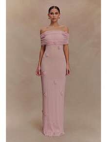 Nuevo vestido largo de borrador de pecho de vacaciones para mujeres mujeres mujeres delgadas, flores de caderas, hombro con hombro vestido largo - Rosa - Ver 2