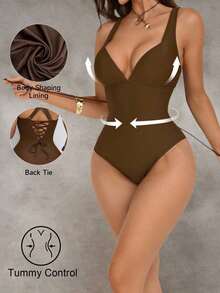Traje de baño de una pieza con control de abdomen y push-up, con parches de color marrón, cordón de ajuste elegante y sexy, para fiestas y piscina - Café integral - Ver 3