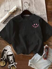 Women's Casual Black Knitted Drop Shoulder Round Neck Short Sleeve T-shirt with 'In My Girl Mom Era' Print, perfect for a Mother's Day gift. - Negro - Ver 3