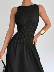 Nuevo vestido largo de verano con corte en la cintura y diseño fruncido, estilizador - Negro - Ver 6