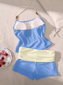 Conjunto de tankini de contraste de color para mujer/ropa de playa/casual/estilo Y2K/básico/vuelta al colegio vacaciones de verano - Azul - Ver 5