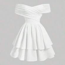 MOD Women's Solid Color Off Shoulder Layered Ruffle Dress,Sun Dress,Summer Dresses For Women - Blanco - Ver 1