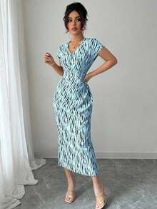 Vestido vintage con estampado floral elegante para ir al trabajo y de vacaciones - Azul - Ver 5