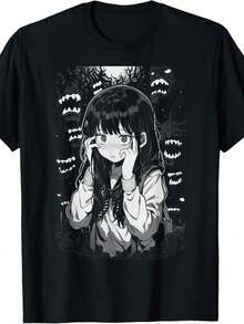 Camiseta unisex con estampado de anime - Negra, con diseño de personaje de manga japonés, de manga corta, cuello redondo, holgada y transpirable, adecuada para uso diario casual y convenciones de anime, cómoda para todas las estaciones, imprescindible para los fans de anime.Camisetas estampadas para hombre, camisetas de ropa masculina, camisetas con diseños para hombre, tops para hombre, blusas para mujer, camisas para mujer, blusas casuales para mujer, tops, adecuadas para fiestas y uso diario, perfectas para vacaciones y momentos de ocio, ideales para fiestas y vacaciones familiares. - Negro - Ver 1