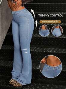Women's Casual Pocketed Mid-Waist Skinny Flare Jeans - Lavado ligero - Ver 12