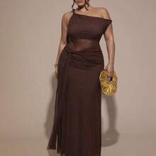 Plus Size Women's Beach Vacation Asymmetric Shoulder Twist Mesh Flowy Dress,Formal Dresses For Women,Wedding Guest Dress Women,Dress Plus Size Woman,Dresses Casual,Plus Size Woman Dresses,Dresses Casual,Gown For Women Elegant,Birthday Dress,Sexy,Wedding,Brown Dress - Marrón - Ver 7