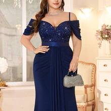 Vestido formal de cola de sirena con cuello en V profundo, encaje floral con lentejuelas, hombros descubiertos, volantes delanteros, bajo para talla grande, vestido de verano, vestido de invitada de boda, adecuado para cumpleaños, graduación, baile de promoción, regreso a casa elegante - Azul marino - Ver 10