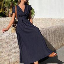 Women's V-Neck Waist Cinched Mid-Length Dress, Short Sleeve Vacation Maxi Dress Sundress - Azul Marino - Ver 5