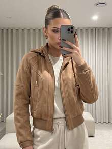 Women's Coat/Blouse/Jacket For Cold Weather/Winter, Cropped, Lined With Suede And Faux Fur, New And Stylish. - 駝色 - 查看 3