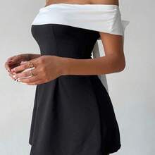 Valentine's Day Off Shoulder Black & White Bowknot Dress, Fairycore,Graduation,Graduation Dresses For Women,Back To School Dress,Summer Dress,Elegant Dresses For Party,Weddings & Events,Elegant Ceremony Dresses - Blanco y Negro - Ver 5