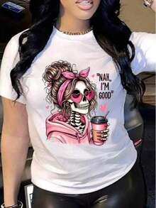 Playera camiseta mujer dama cuello redondo manga corta estampado GRAFICO DE CALAVERA MOÑO LACE SKULL GRAPHIC - Blanco - Ver 1