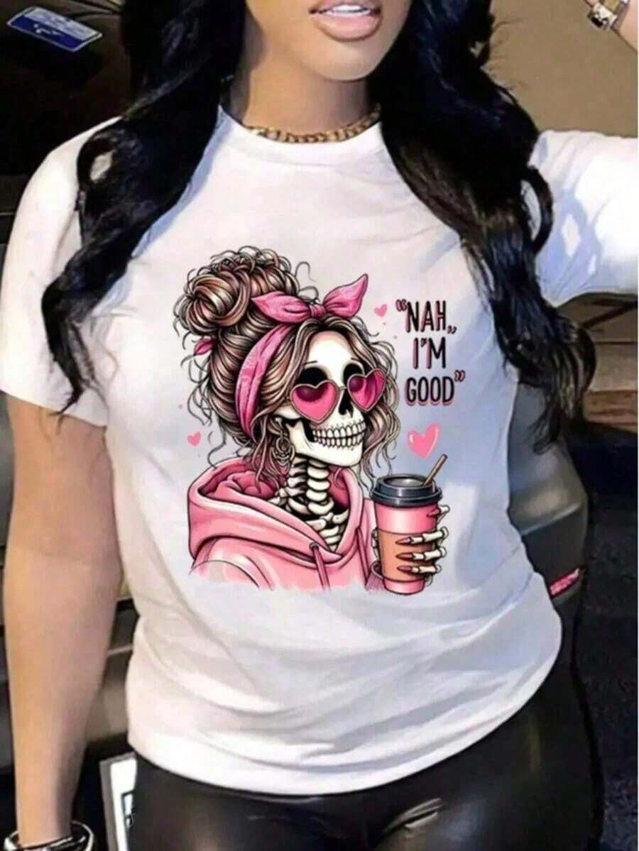 Playera camiseta mujer dama cuello redondo manga corta estampado GRAFICO DE CALAVERA MOÑO LACE SKULL GRAPHIC - Blanco - Ver 1