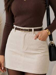 High-Waisted Corduroy Skirt With Belt – Elegant And Modern - 米色 - 查看 5
