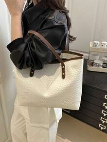 欧美跨境个性化大容量信纸简约编织手提包，新款女士菱形通勤单肩包 - 白色 - 查看 7