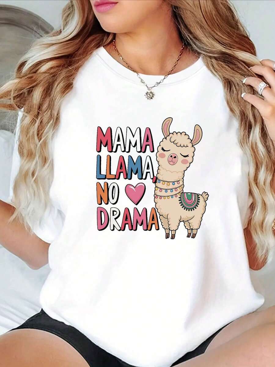 Plus Size - Plus Size - Women's Plus Size Casual Fashion Crew Neck T-Shirt With Cartoon Alpaca Design And The Phrase 'MAMA LLAMA NO DRAMA' For Spring And Summer - White - View 1