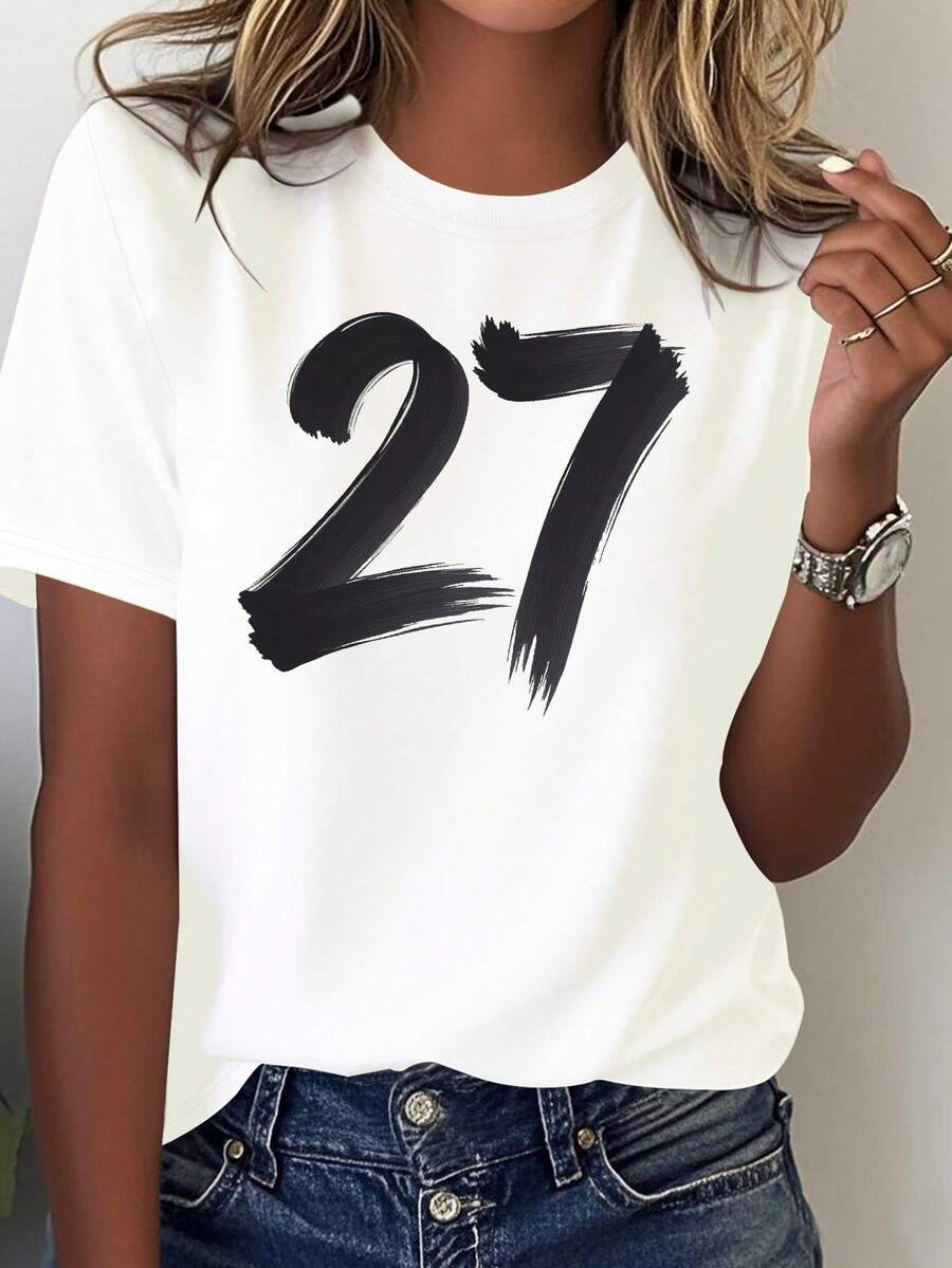 Pura Women's T-Shirt With Brush Art Number 27 - Geometric Print Number 27, Round Neck, Comfortable And Machine Washable, Soft Top For Casual Outfits And Layering (Brush Style) - 白色 - 查看 1