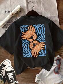 Women's 100% Cotton Y2K Style Oversized Graphic Tee, Featuring A Retro Crab And Seaweed Print, Front And Back Design, Casual Beach Tee For Women, Reversible Printed Tee For Women, With A Fun Crab And Seaweed Design, Perfect For Spring And Summer, Unisex Short Sleeve Graphic Tee, Casual Crew Neck Tee. - 黑色 - 查看 2
