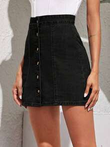 Falda midi vaquera informal, de moda y adecuada para uso diario - Negro - Ver 1