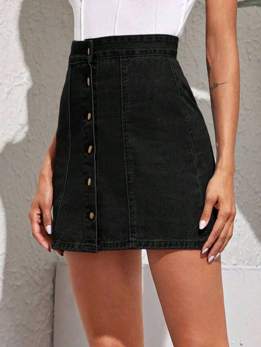 Falda midi vaquera informal, de moda y adecuada para uso diario - Negro - Ver 1