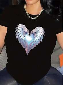 Camiseta ligera de manga corta con diseño de corazón y alas de ángel, ideal para salidas casuales en casa, cafeterías o al aire libre. Cómoda, duradera y perfecta para el uso diario. - Negro - Ver 11