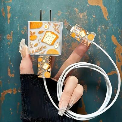 4-In-1 Charger Protector Case Set With 2D Painted Toast Design, Compatible With 18W/20W Apple Chargers, Includes Charger Head Protector, 2 Cable Protectors And Cable Tie, Anti-Scratch And Anti-Fingerprint